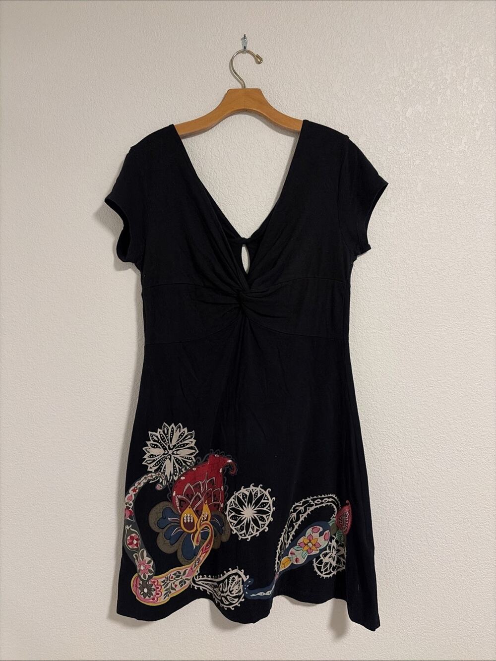 Desigual Womens XL Black Floral Boho Pattern Shift Sleeveless Tie Dress Size Y2K